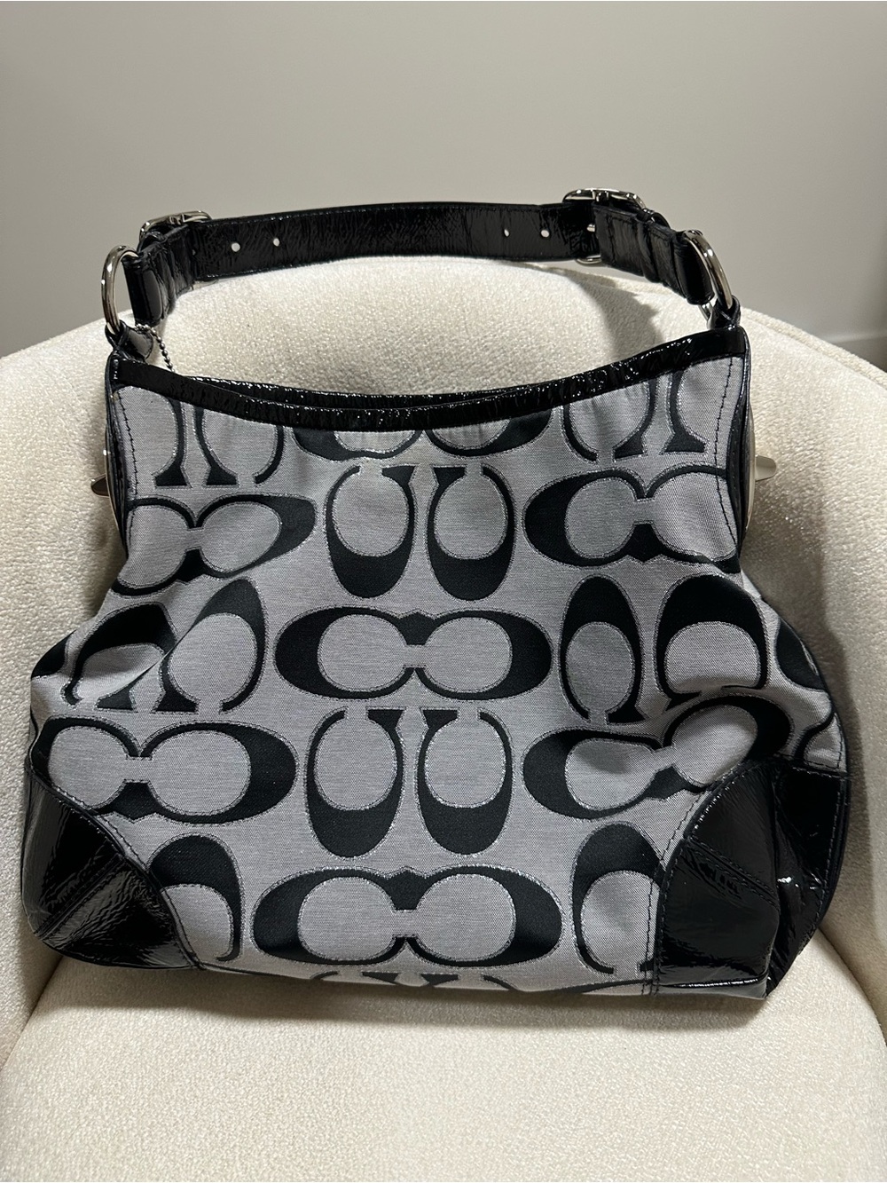 Coach Y2K Op Art Signature Hobo Bag Black Grey Patent Leather